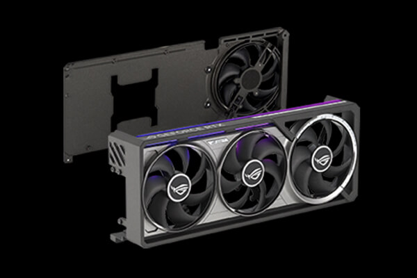 Exploded view of the ASUS ROG Astral GeForce RTX 5090 metal frame, cooler and internal assembly