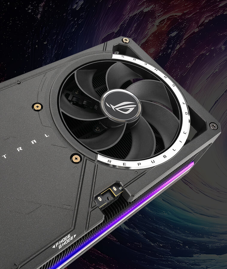 Close-up of the ASUS ROG Astral GeForce RTX 5090 quad-fan cooling design