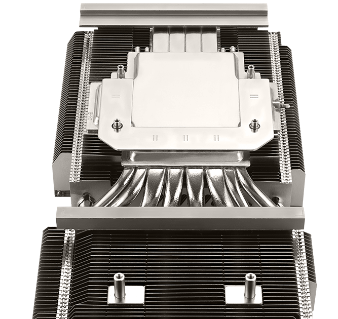 Angled view of the ASUS TUF Gaming GeForce RTX 5080 vapor chamber, heatpipes and heatsink