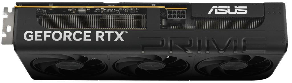 Angled top-down view of the ASUS Prime GeForce RTX 5060 8GB showing its triple-fan cooler and shroud