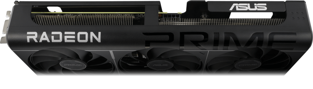 Angled view of the ASUS Prime Radeon RX 9060 XT 16GB showing its triple-fan cooler and shroud