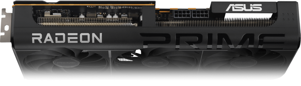 Angled view of the ASUS Prime Radeon RX 9070 EVO showing its triple-fan cooler and shroud