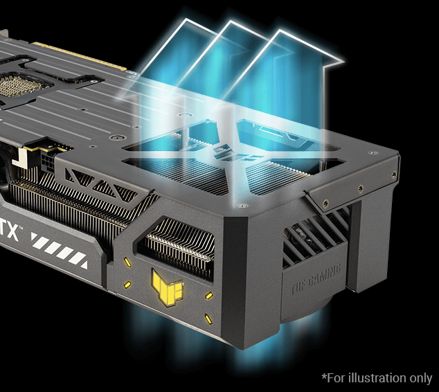 Diagram showing airflow through the vented metal exoskeleton of the ASUS TUF Gaming GeForce RTX 5070 Ti