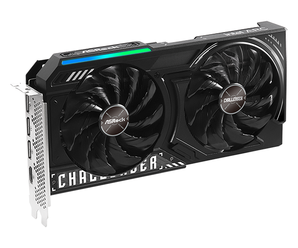 Side view and display outputs of the ASRock Intel Arc B570 Challenger 10GB OC